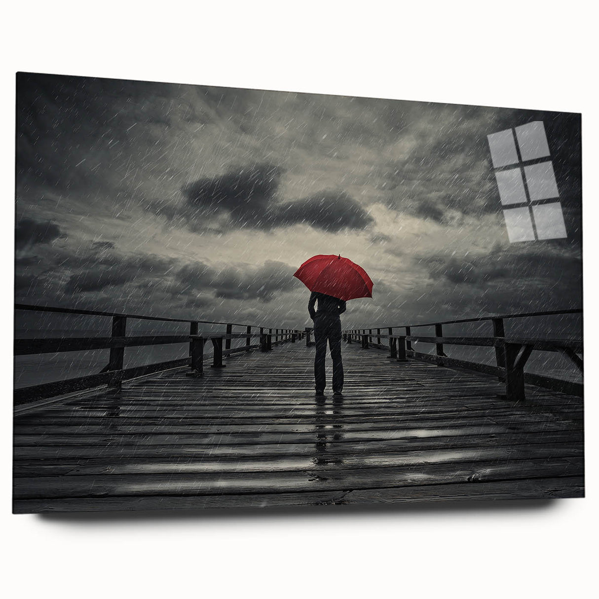 Rainy Bridge with Red Umbrella - Earthy Phenomena Wall Art Print