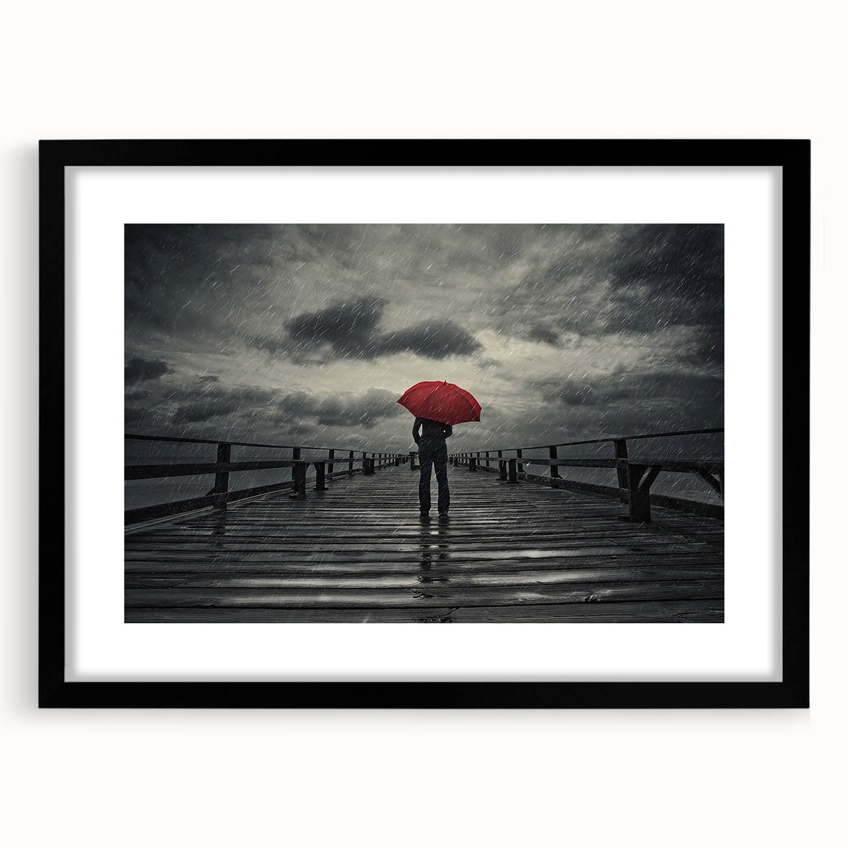 Rainy Bridge with Red Umbrella - Earthy Phenomena Wall Art Print