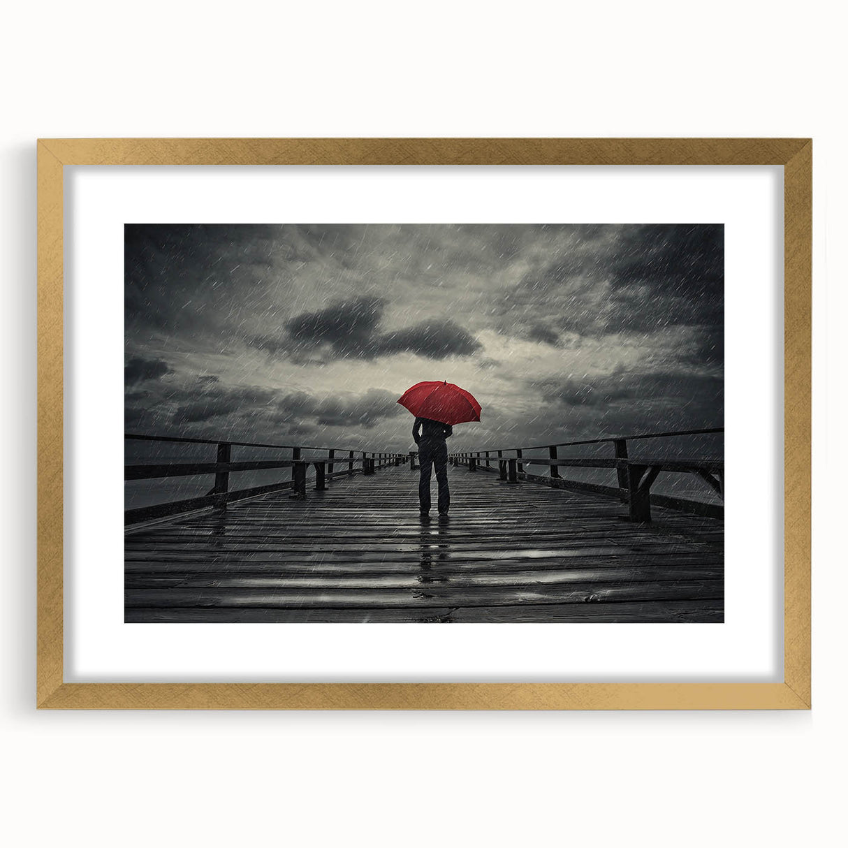 Rainy Bridge with Red Umbrella - Earthy Phenomena Wall Art Print