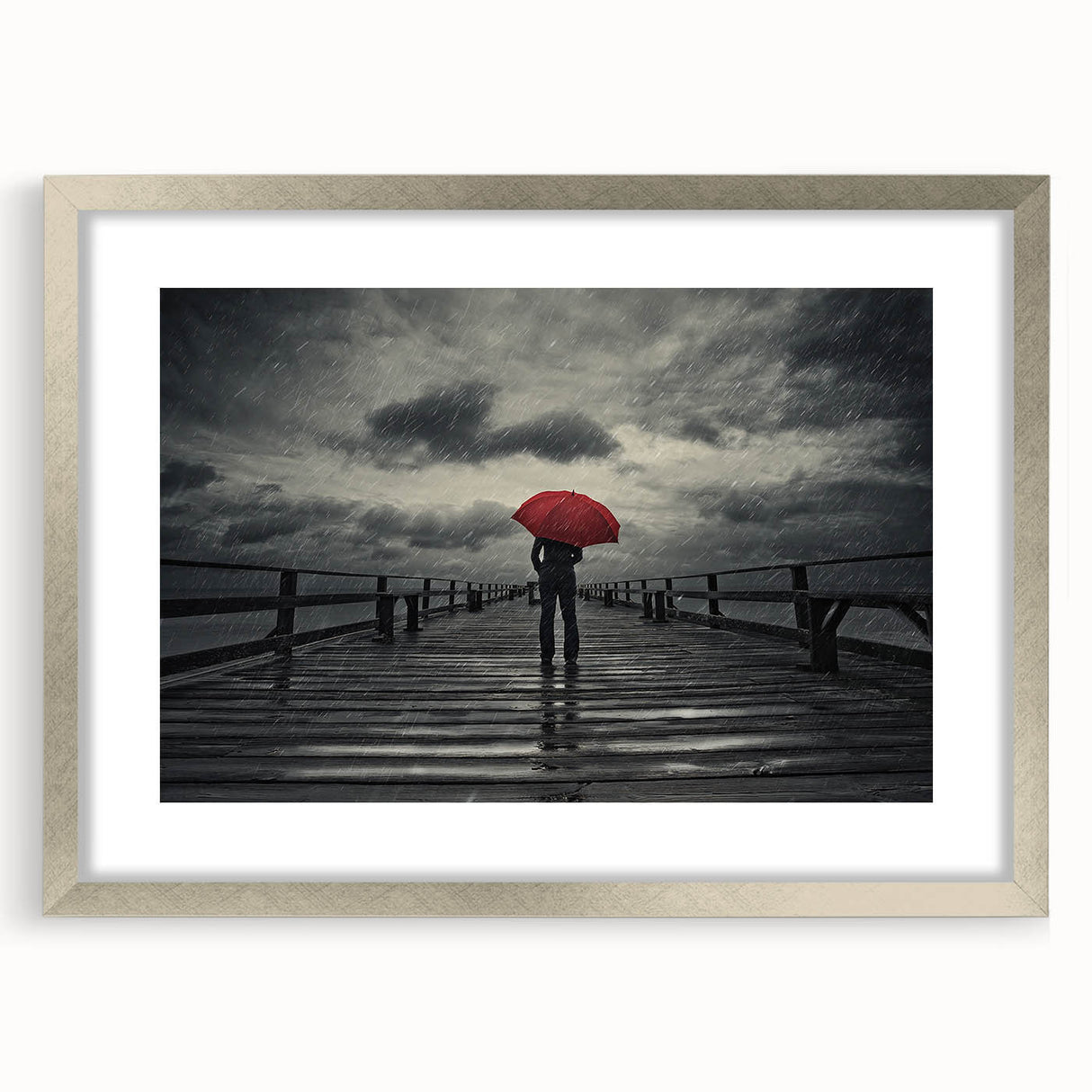 Rainy Bridge with Red Umbrella - Earthy Phenomena Wall Art Print