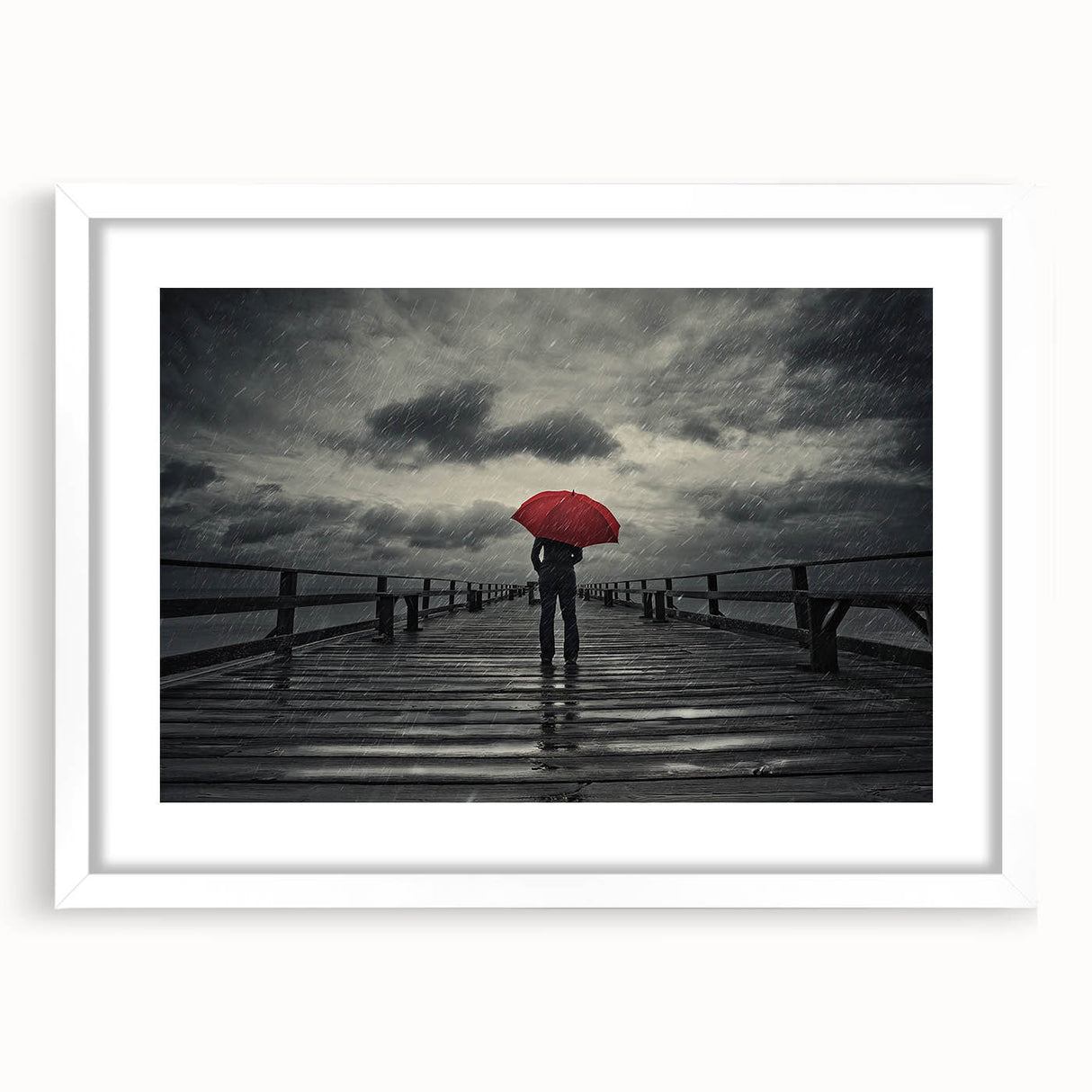 Rainy Bridge with Red Umbrella - Earthy Phenomena Wall Art Print
