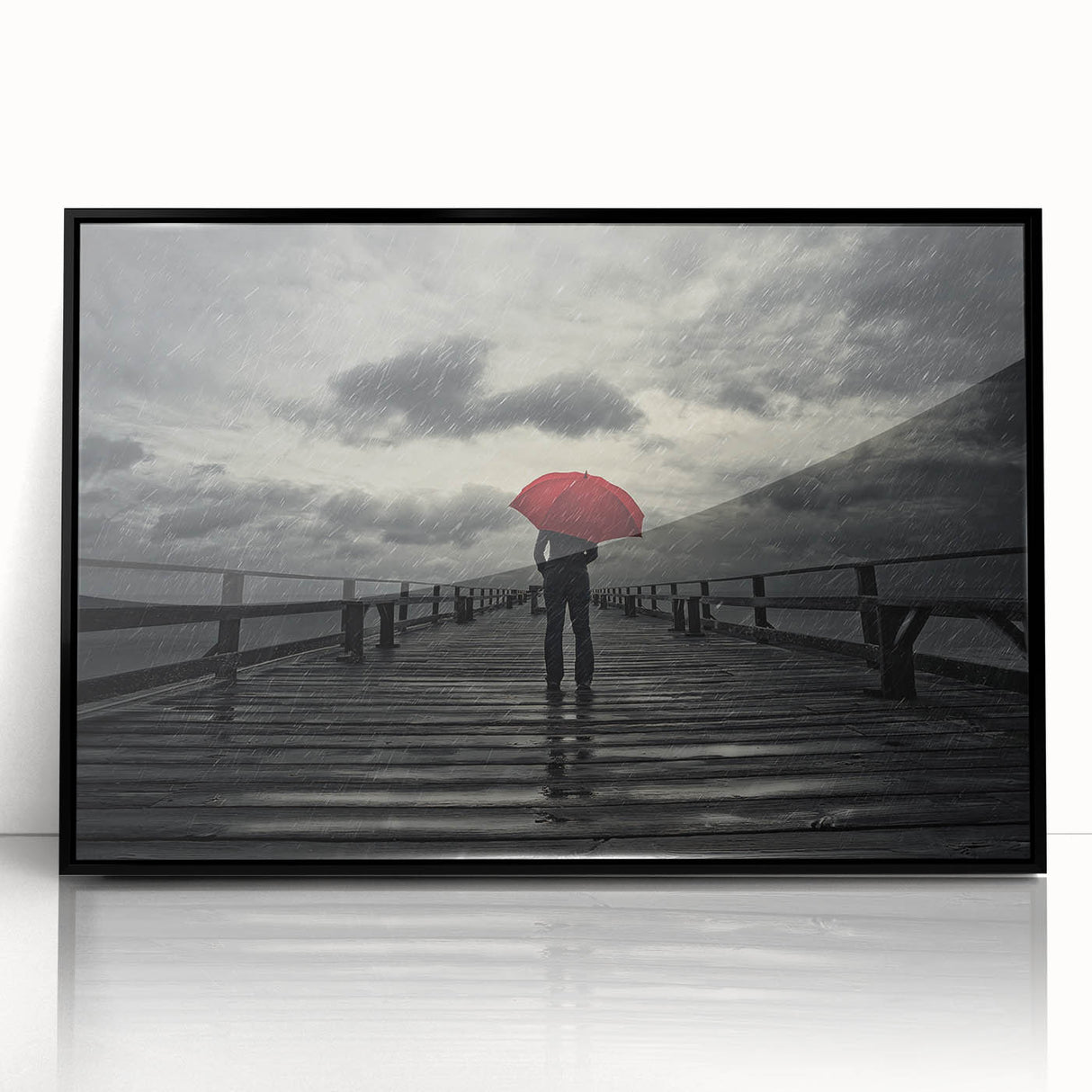 Rainy Bridge with Red Umbrella - Earthy Phenomena Wall Art Print
