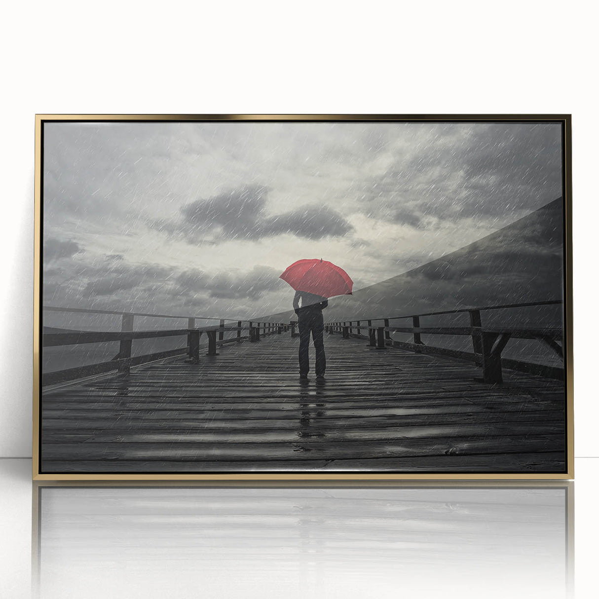 Rainy Bridge with Red Umbrella - Earthy Phenomena Wall Art Print
