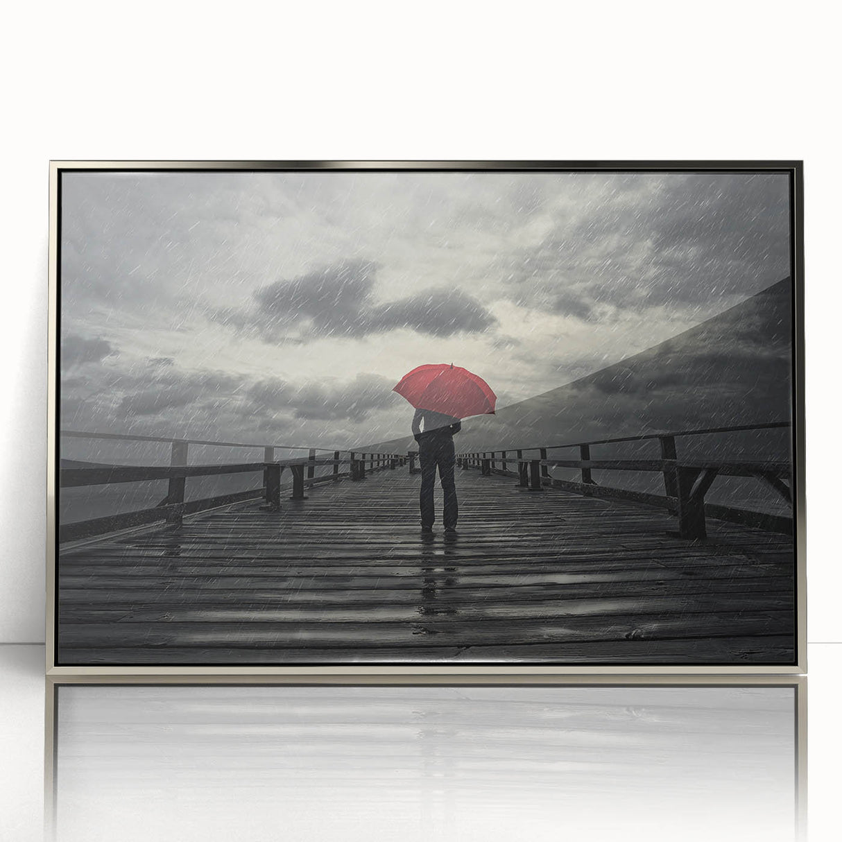 Rainy Bridge with Red Umbrella - Earthy Phenomena Wall Art Print