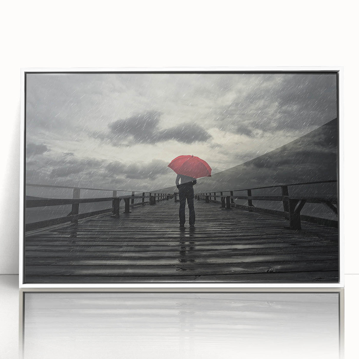 Rainy Bridge with Red Umbrella - Earthy Phenomena Wall Art Print