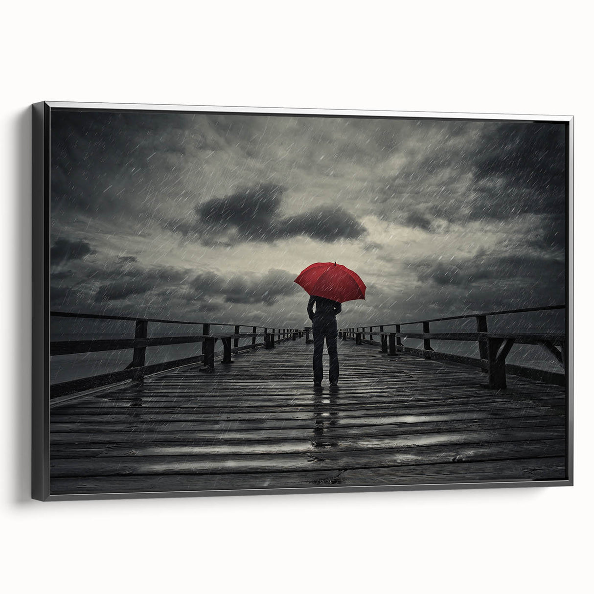 Rainy Bridge with Red Umbrella - Earthy Phenomena Wall Art Print