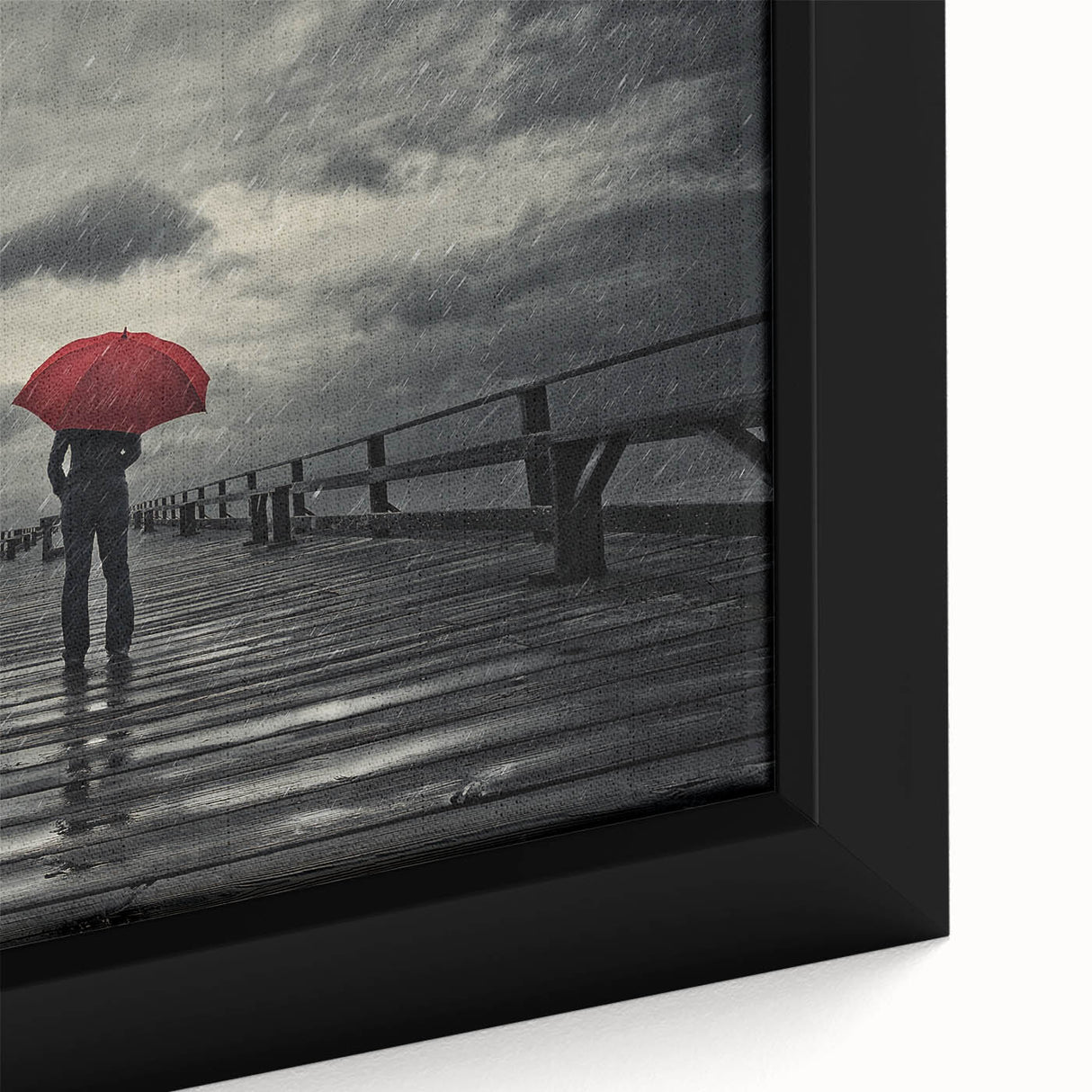 Rainy Bridge with Red Umbrella - Earthy Phenomena Wall Art Print