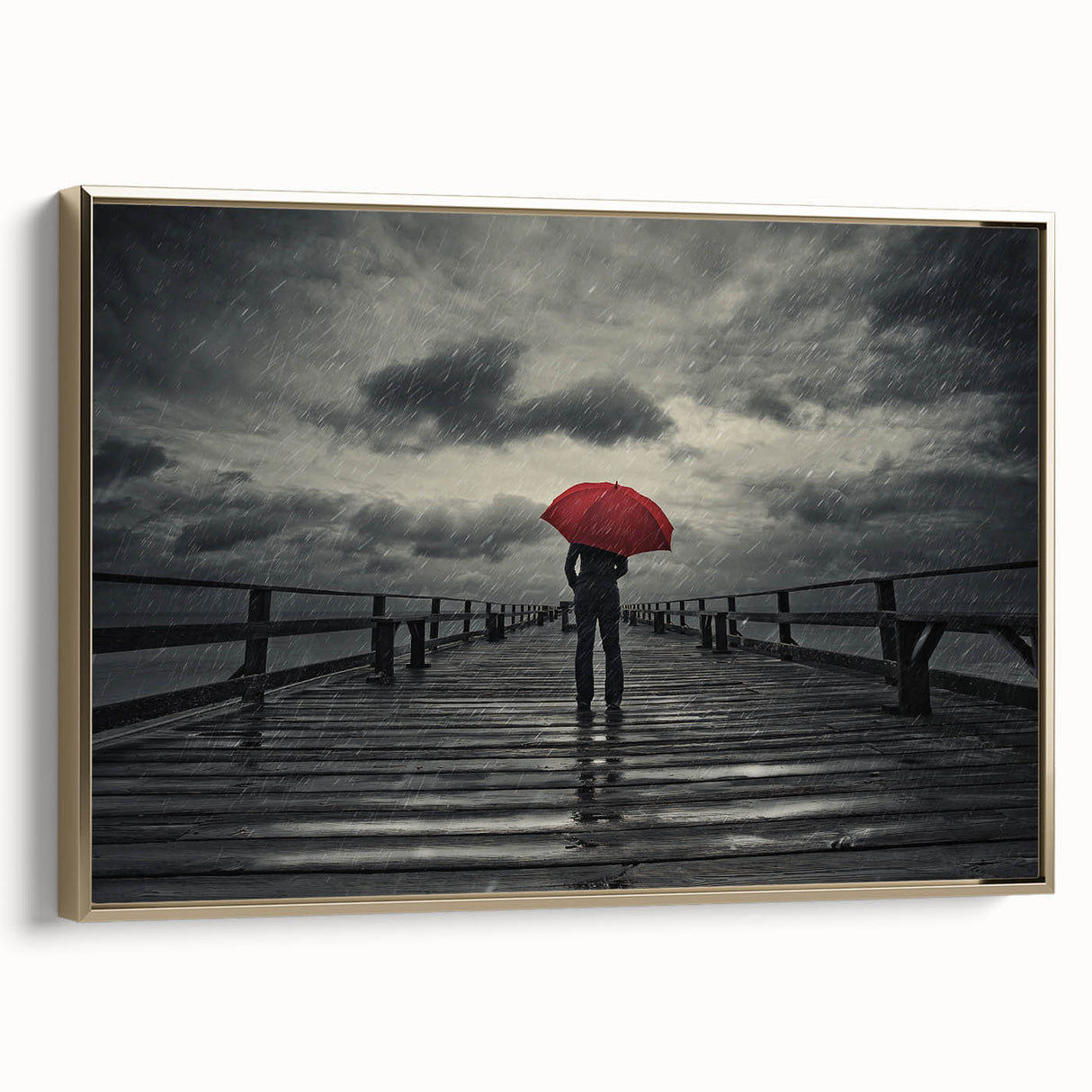 Rainy Bridge with Red Umbrella - Earthy Phenomena Wall Art Print