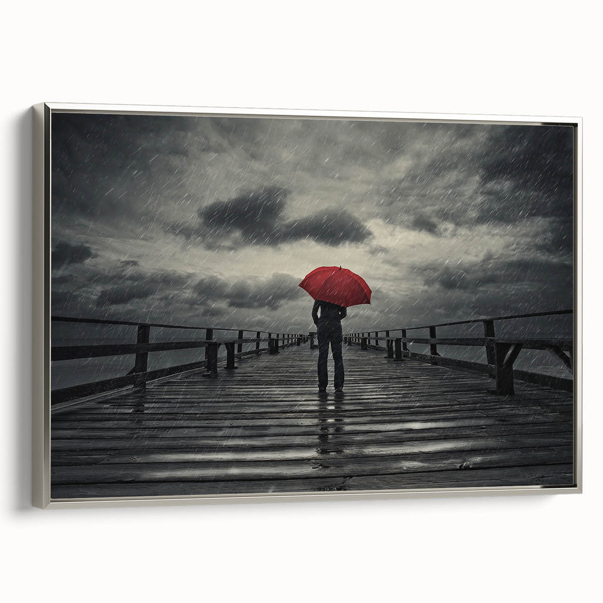 Rainy Bridge with Red Umbrella - Earthy Phenomena Wall Art Print