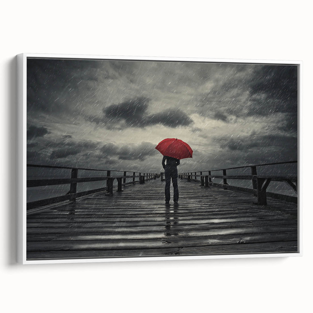 Rainy Bridge with Red Umbrella - Earthy Phenomena Wall Art Print