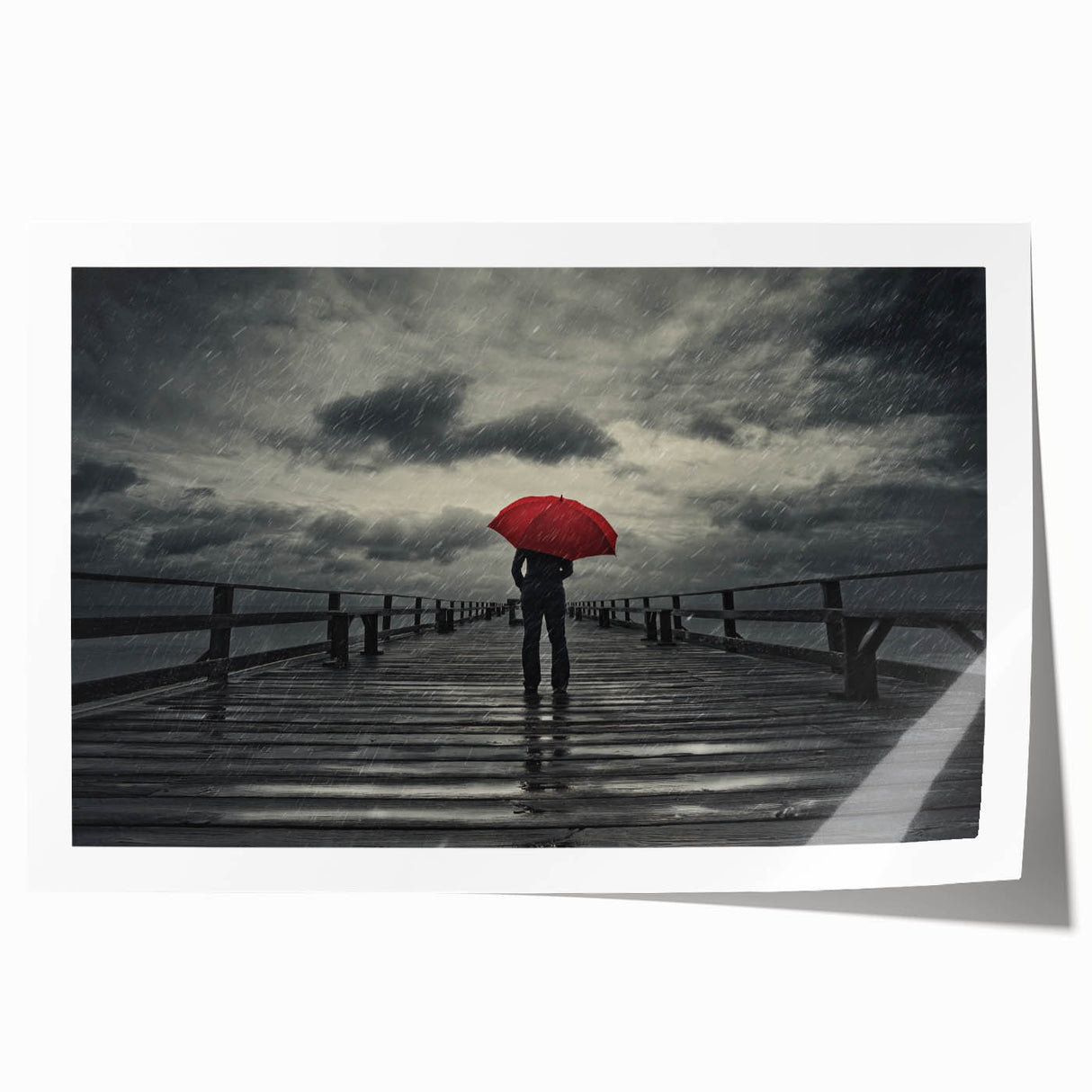 Rainy Bridge with Red Umbrella - Earthy Phenomena Wall Art Print
