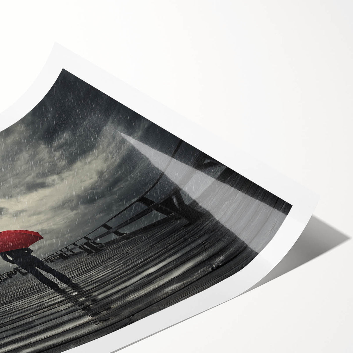 Rainy Bridge with Red Umbrella - Earthy Phenomena Wall Art Print