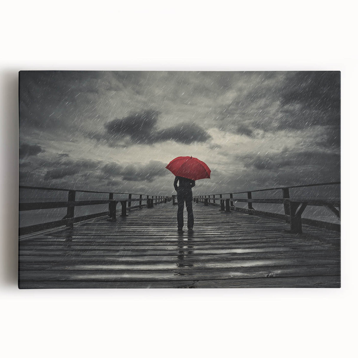 Rainy Bridge with Red Umbrella - Earthy Phenomena Wall Art Print
