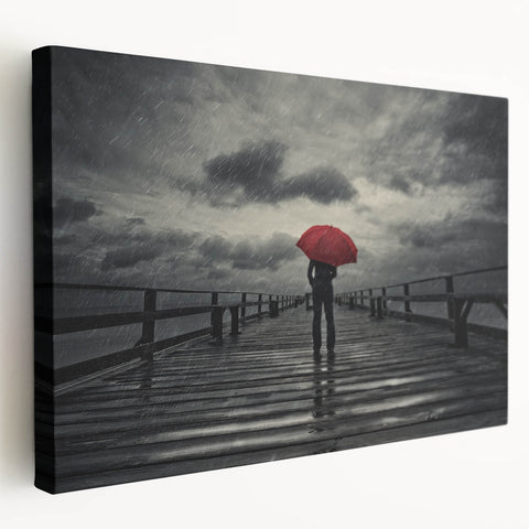 Rainy Bridge with Red Umbrella - Earthy Phenomena Wall Art Print