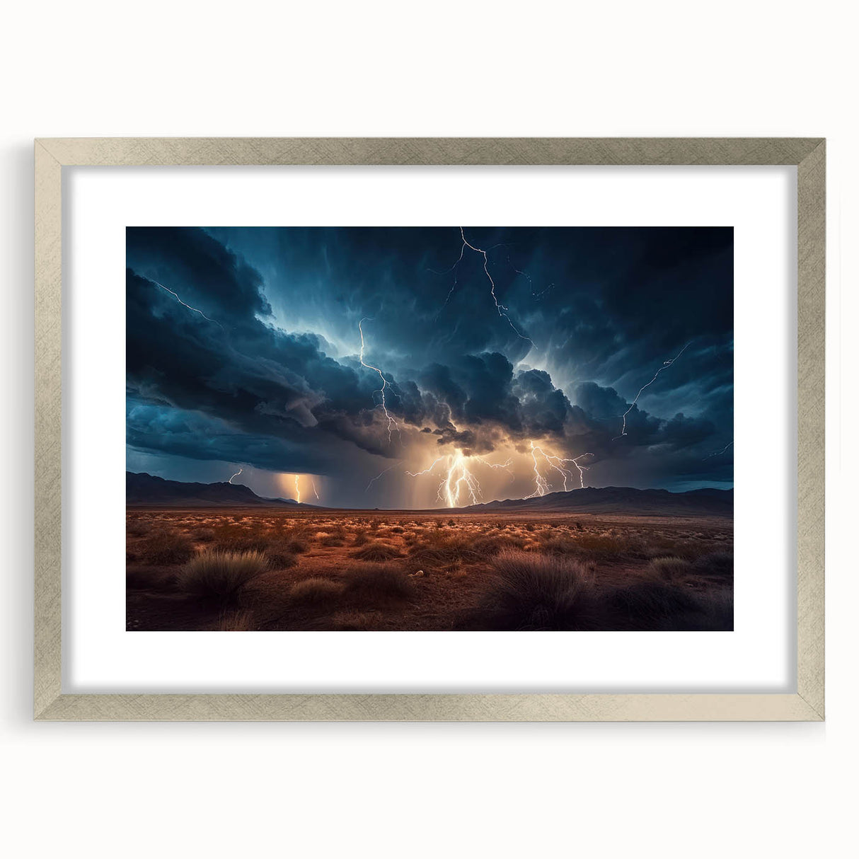 Lightning Storm Over Desert Landscape - Earth Phenomena Wall Art Print