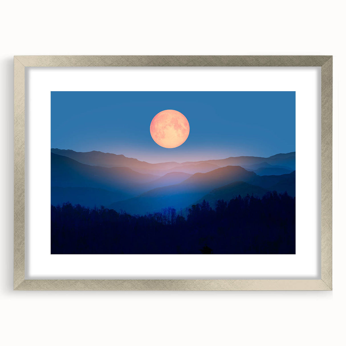 Golden Full Moon Over Misty Mountains – Elegant Celestial Wall Art