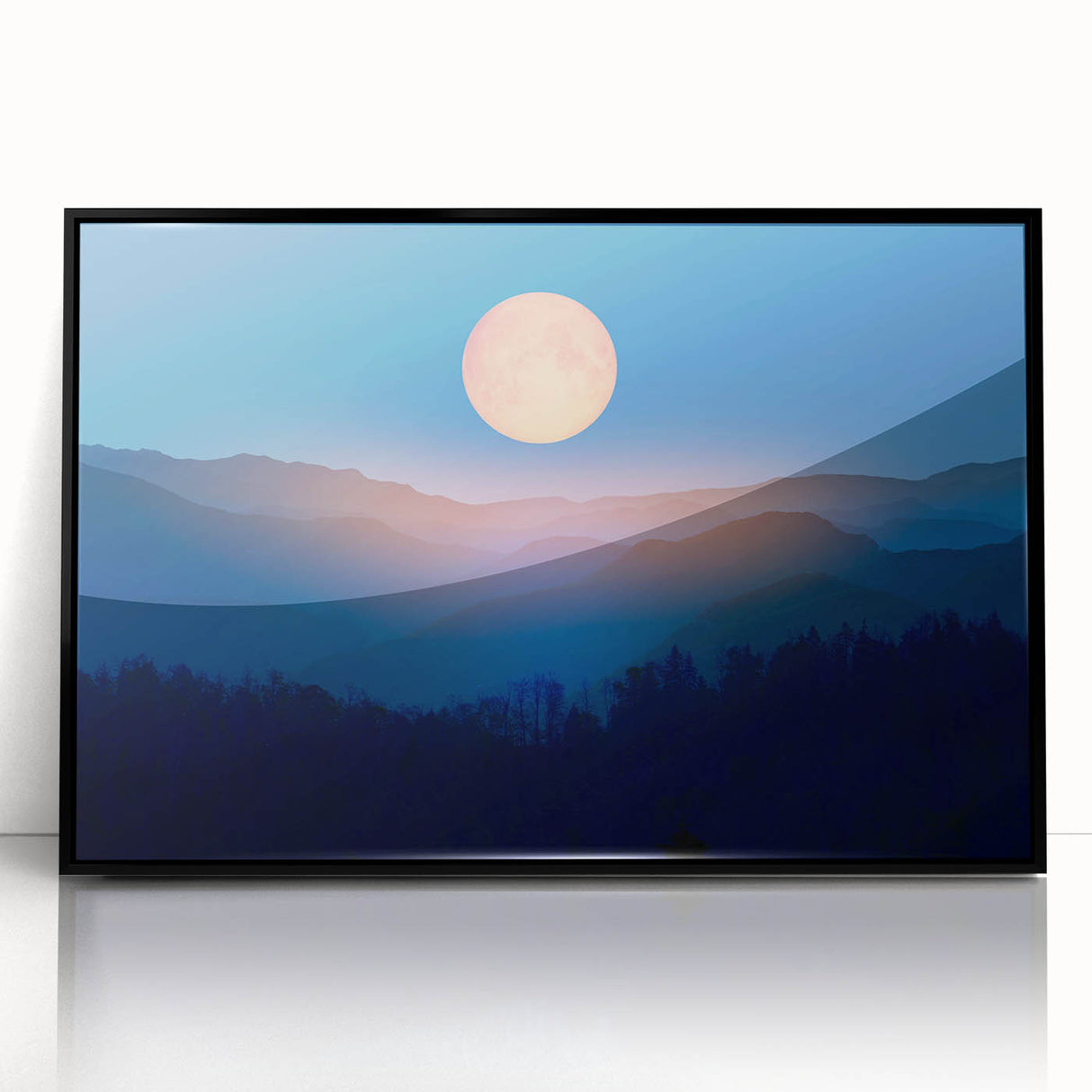 Golden Full Moon Over Misty Mountains – Elegant Celestial Wall Art