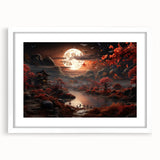 Moonlit Autumn Landscape with Pagoda – Enchanting Celestial Wall Art