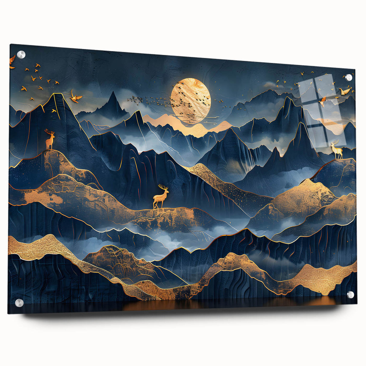 Golden Moonlit Mountains with Wildlife – Luxurious Celestial Wall Art