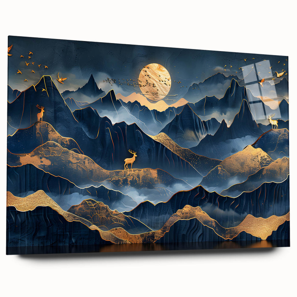 Golden Moonlit Mountains with Wildlife – Luxurious Celestial Wall Art