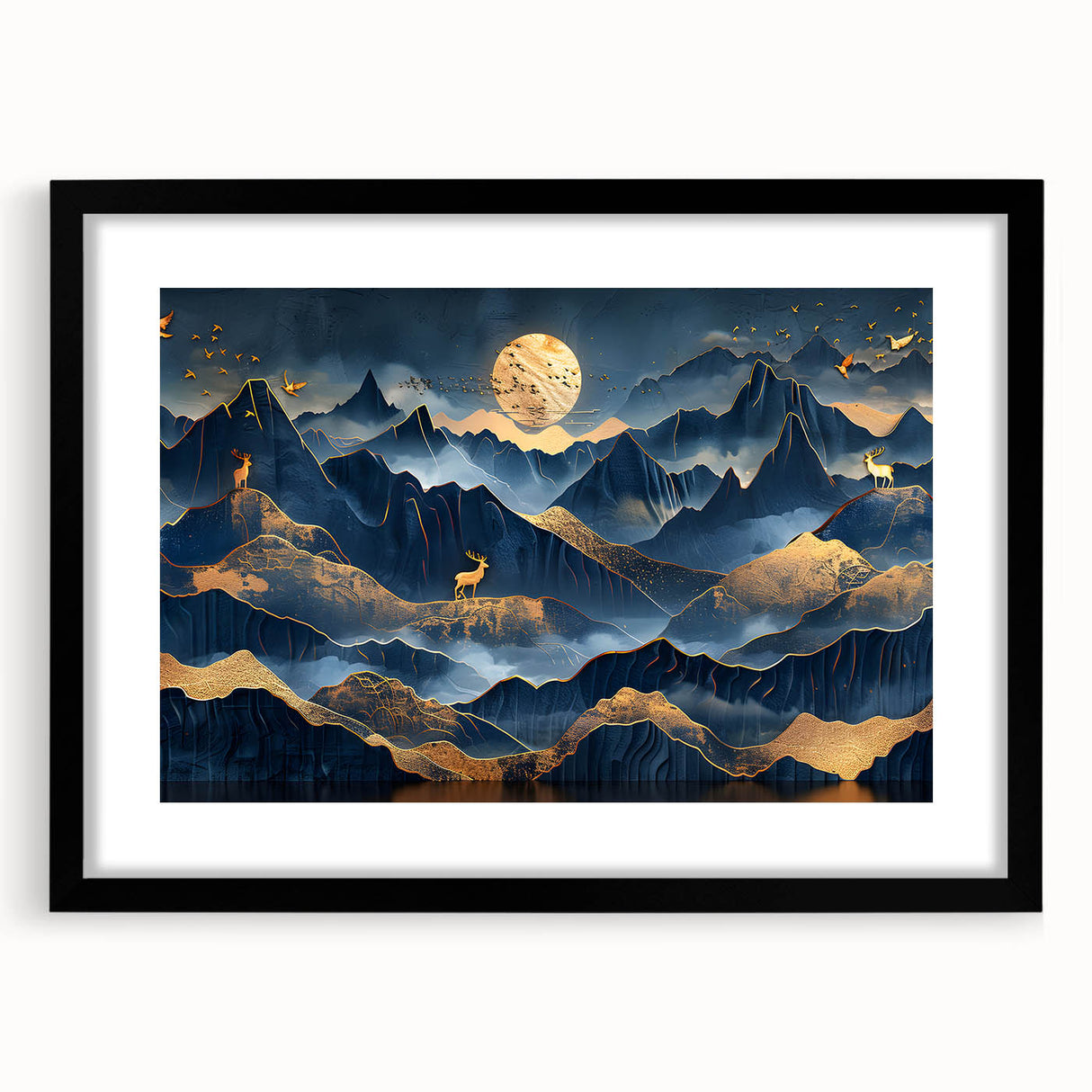 Golden Moonlit Mountains with Wildlife – Luxurious Celestial Wall Art