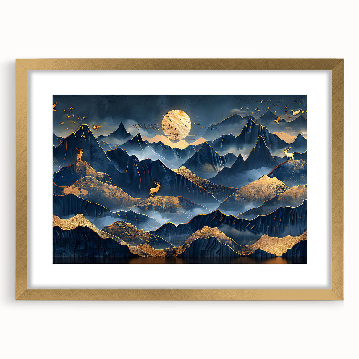 Golden Moonlit Mountains with Wildlife – Luxurious Celestial Wall Art