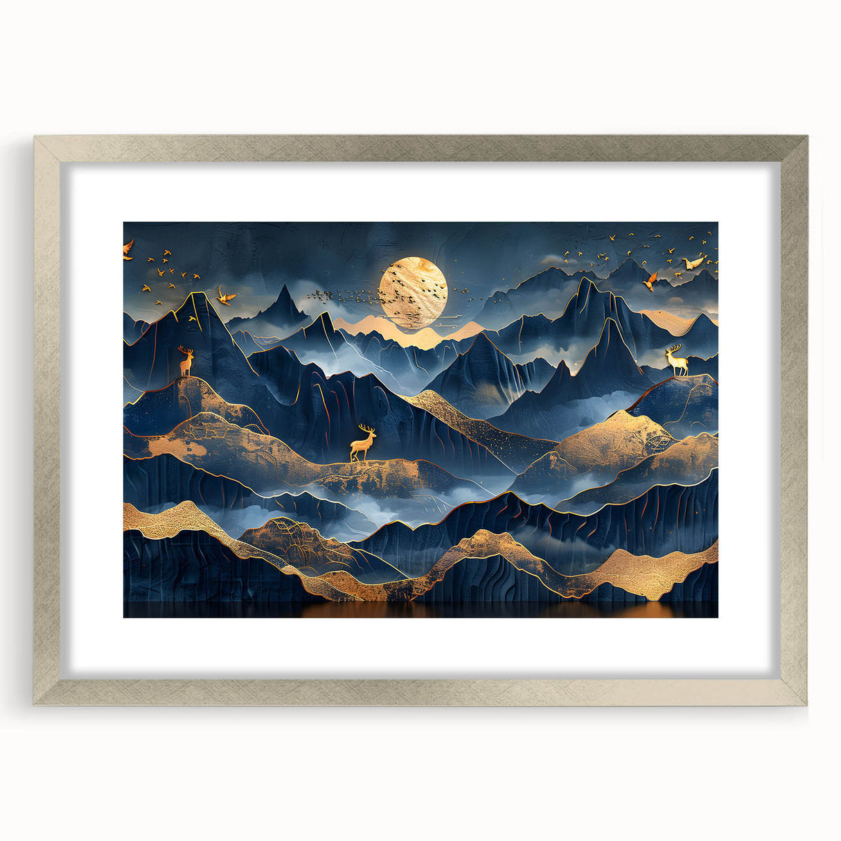 Golden Moonlit Mountains with Wildlife – Luxurious Celestial Wall Art