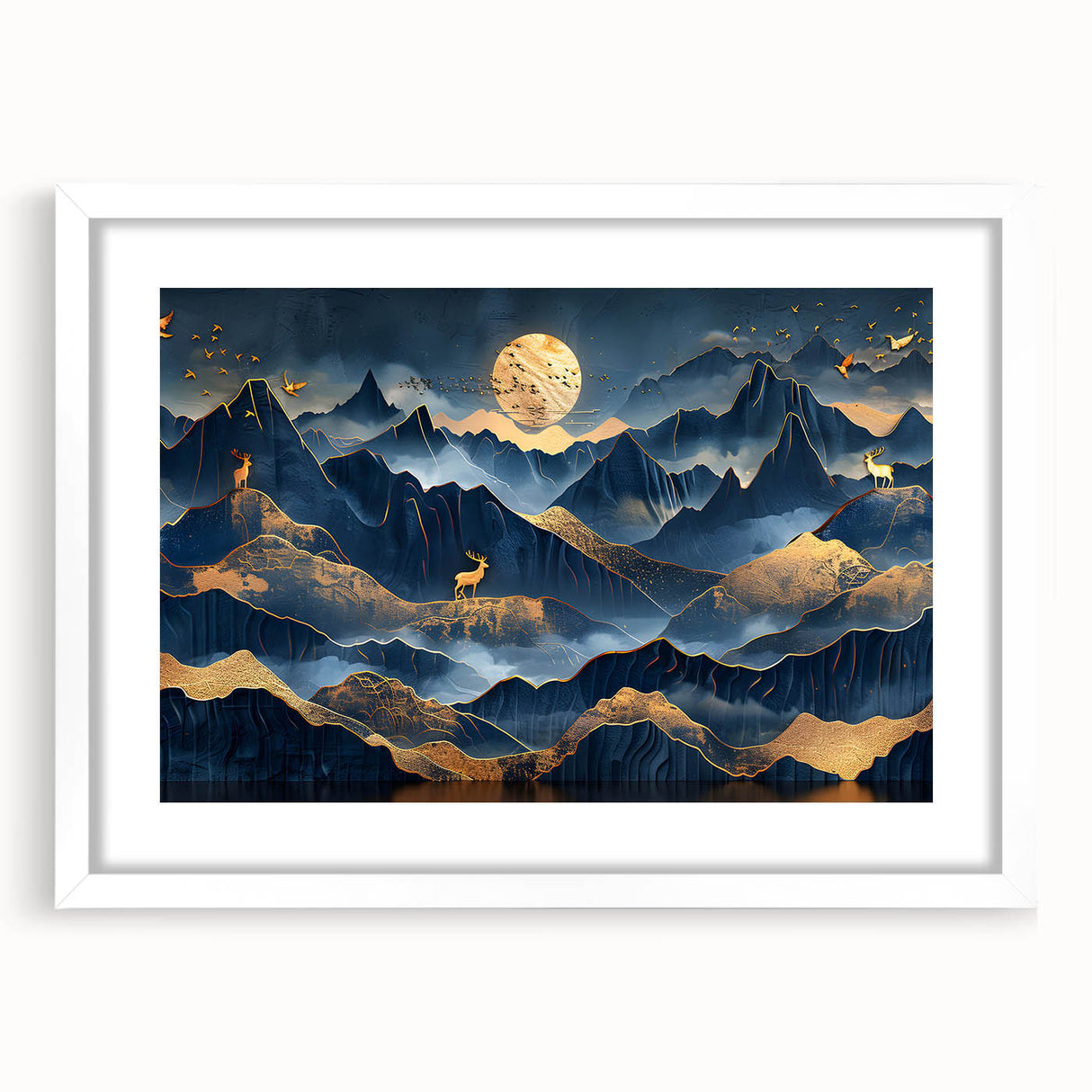 Golden Moonlit Mountains with Wildlife – Luxurious Celestial Wall Art