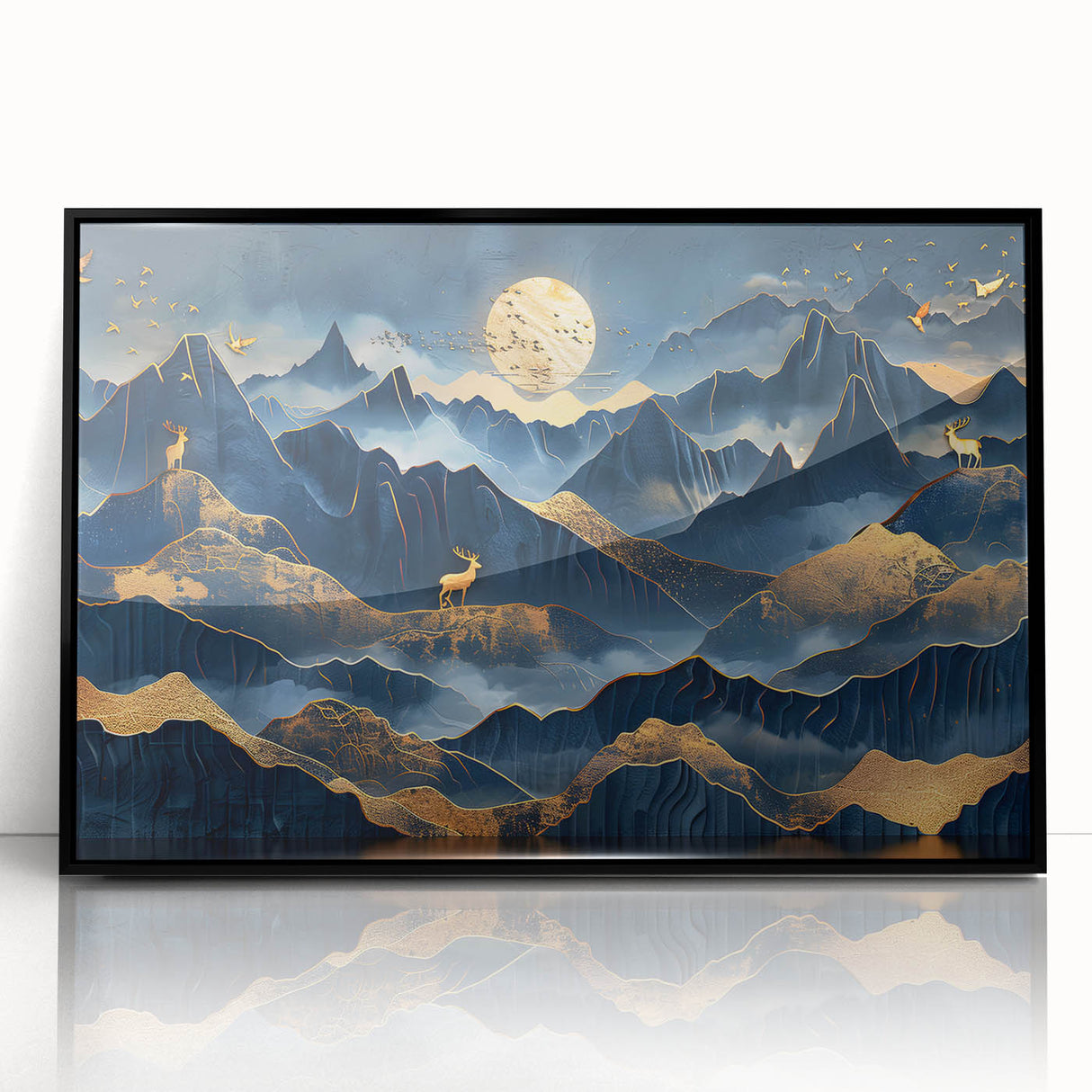 Golden Moonlit Mountains with Wildlife – Luxurious Celestial Wall Art