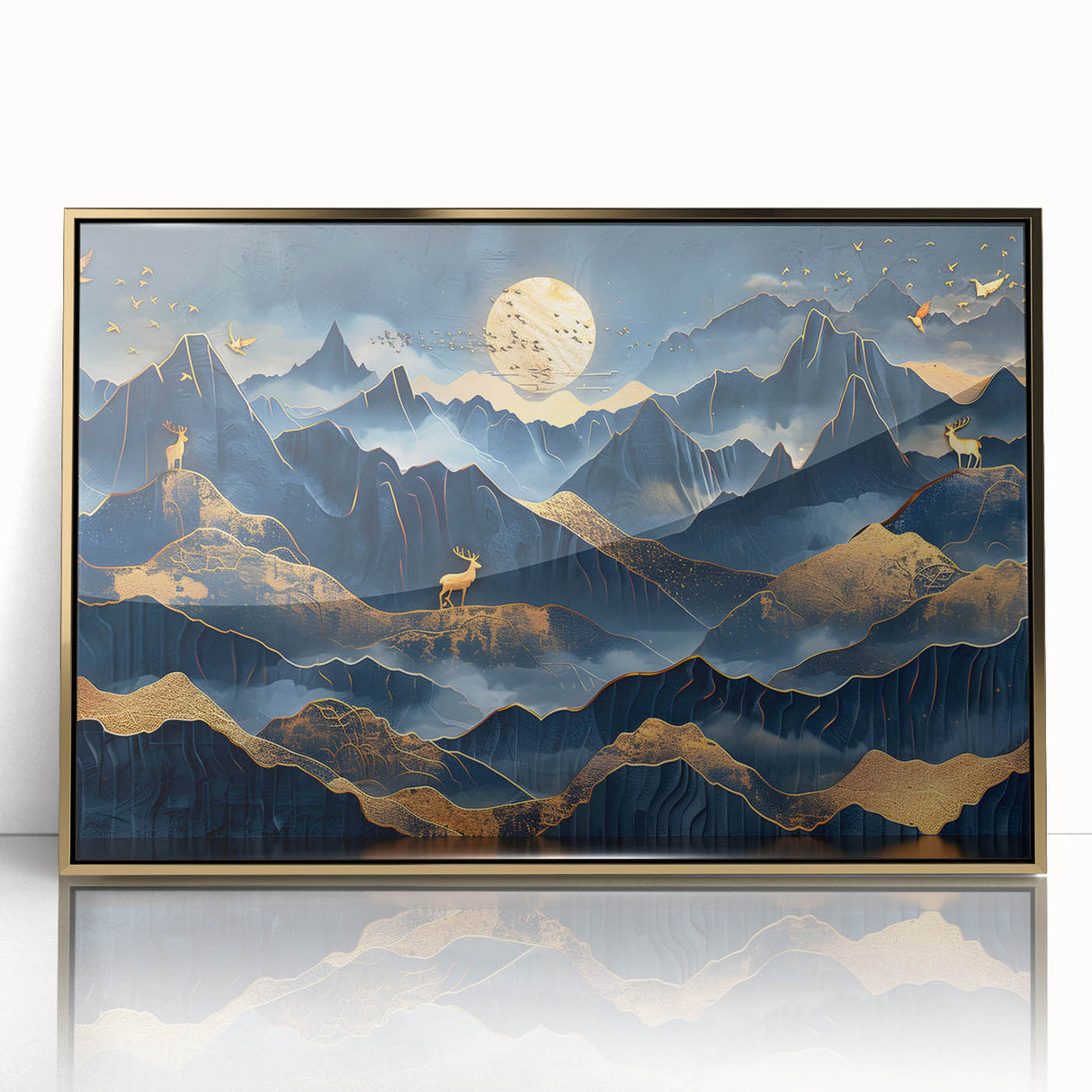Golden Moonlit Mountains with Wildlife – Luxurious Celestial Wall Art