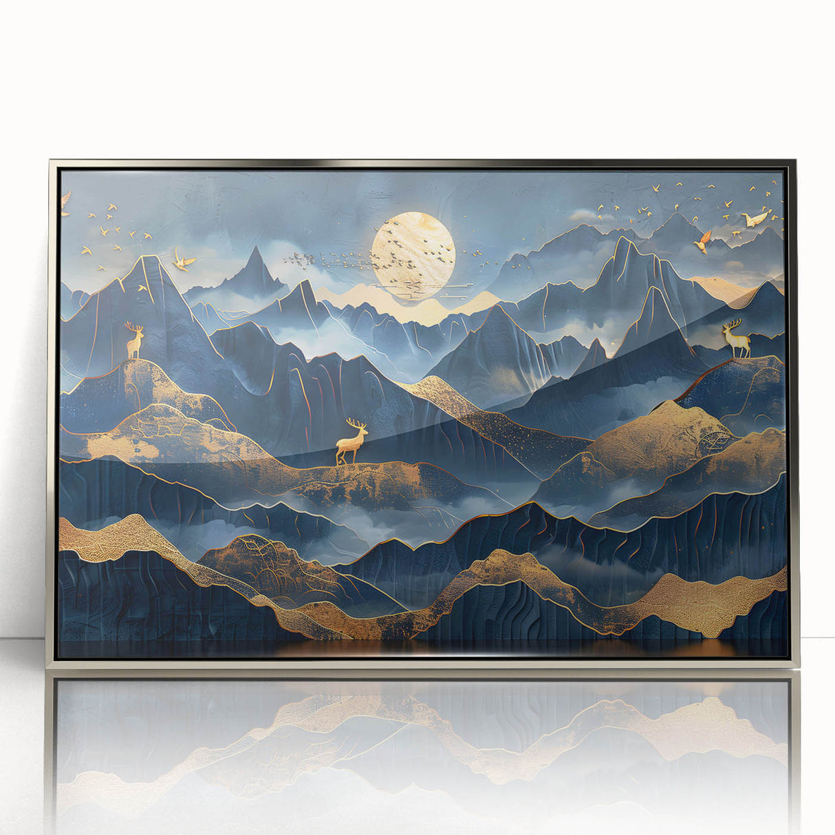 Golden Moonlit Mountains with Wildlife – Luxurious Celestial Wall Art