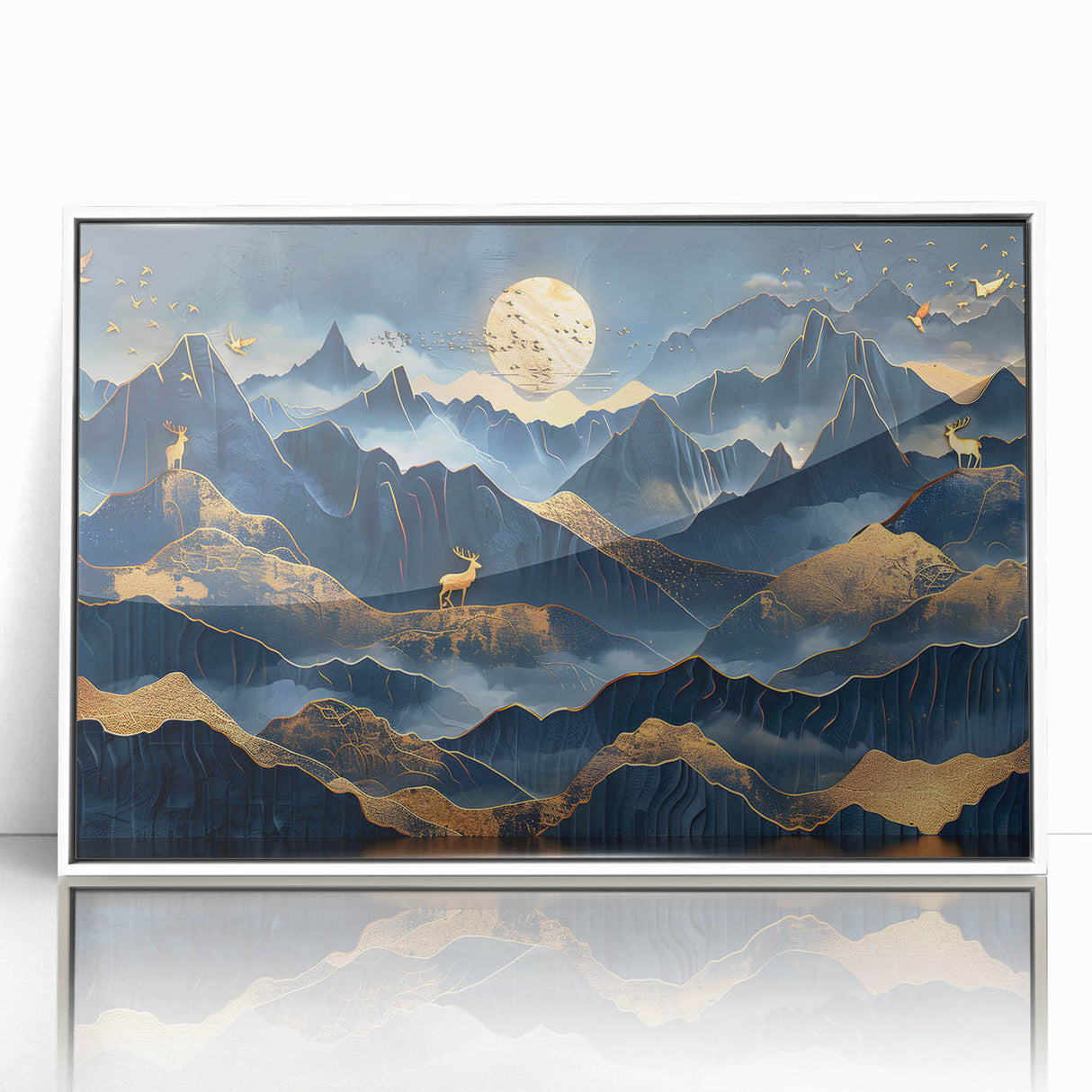 Golden Moonlit Mountains with Wildlife – Luxurious Celestial Wall Art