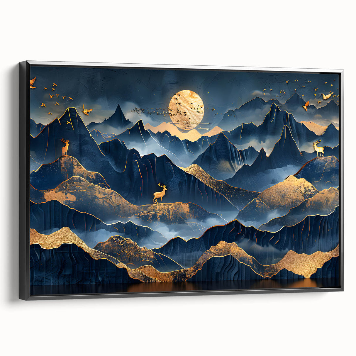 Golden Moonlit Mountains with Wildlife – Luxurious Celestial Wall Art
