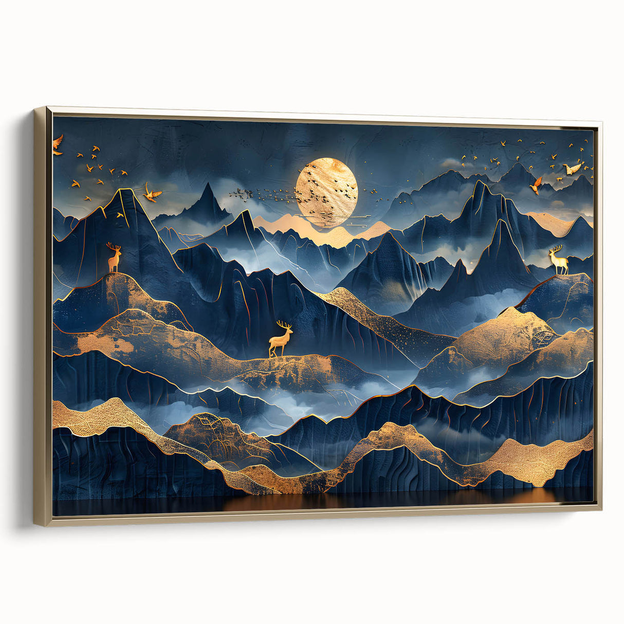 Golden Moonlit Mountains with Wildlife – Luxurious Celestial Wall Art