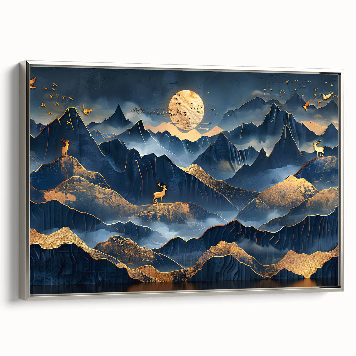 Golden Moonlit Mountains with Wildlife – Luxurious Celestial Wall Art