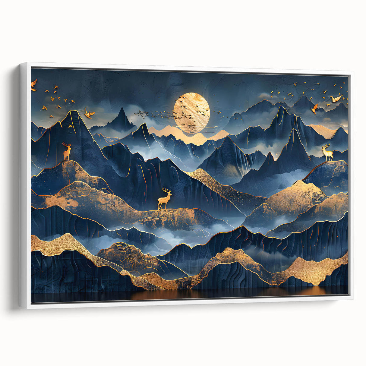 Golden Moonlit Mountains with Wildlife – Luxurious Celestial Wall Art