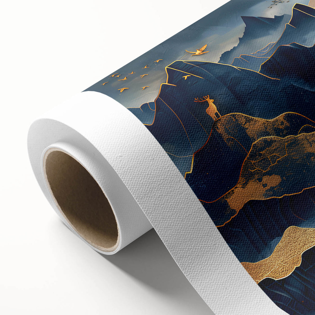 Golden Moonlit Mountains with Wildlife – Luxurious Celestial Wall Art
