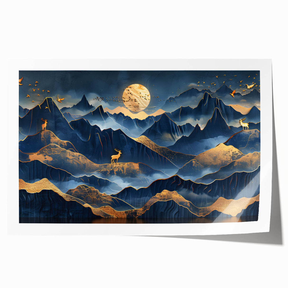 Golden Moonlit Mountains with Wildlife – Luxurious Celestial Wall Art
