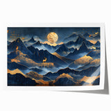 Golden Moonlit Mountains with Wildlife – Luxurious Celestial Wall Art