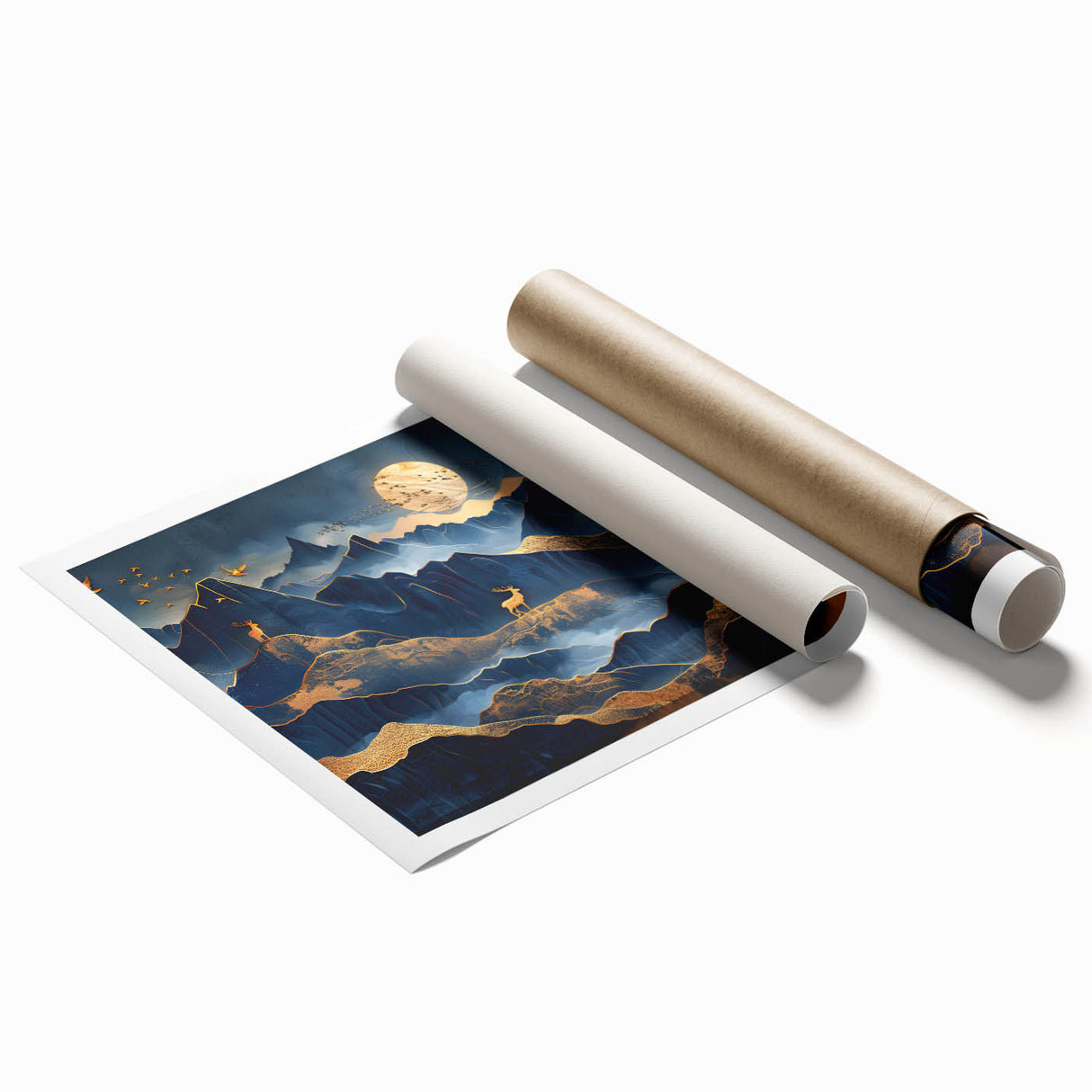 Golden Moonlit Mountains with Wildlife – Luxurious Celestial Wall Art