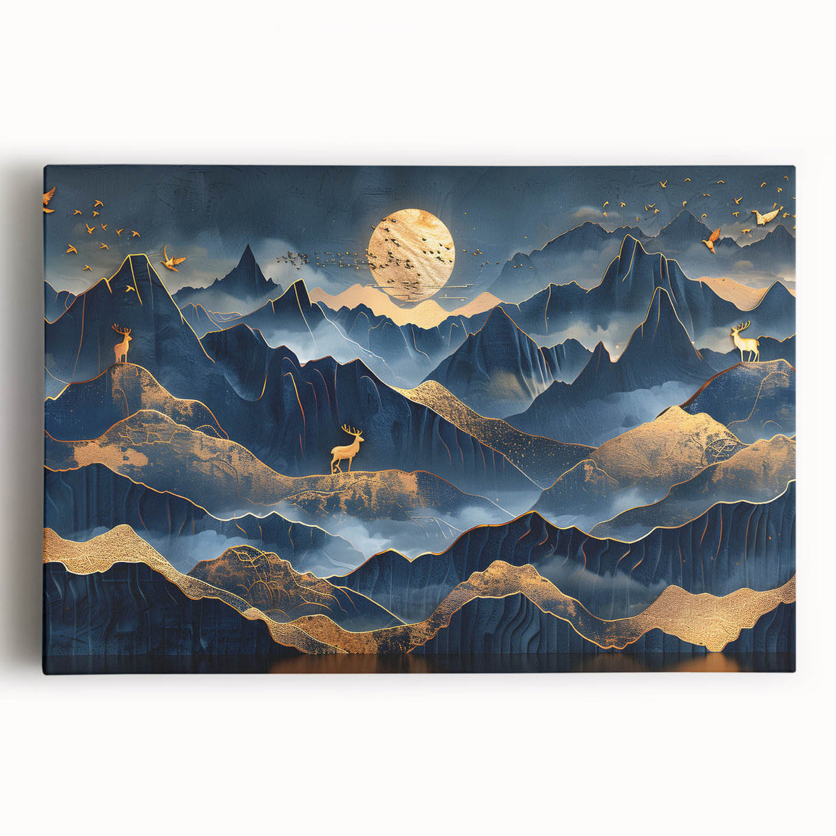 Golden Moonlit Mountains with Wildlife – Luxurious Celestial Wall Art