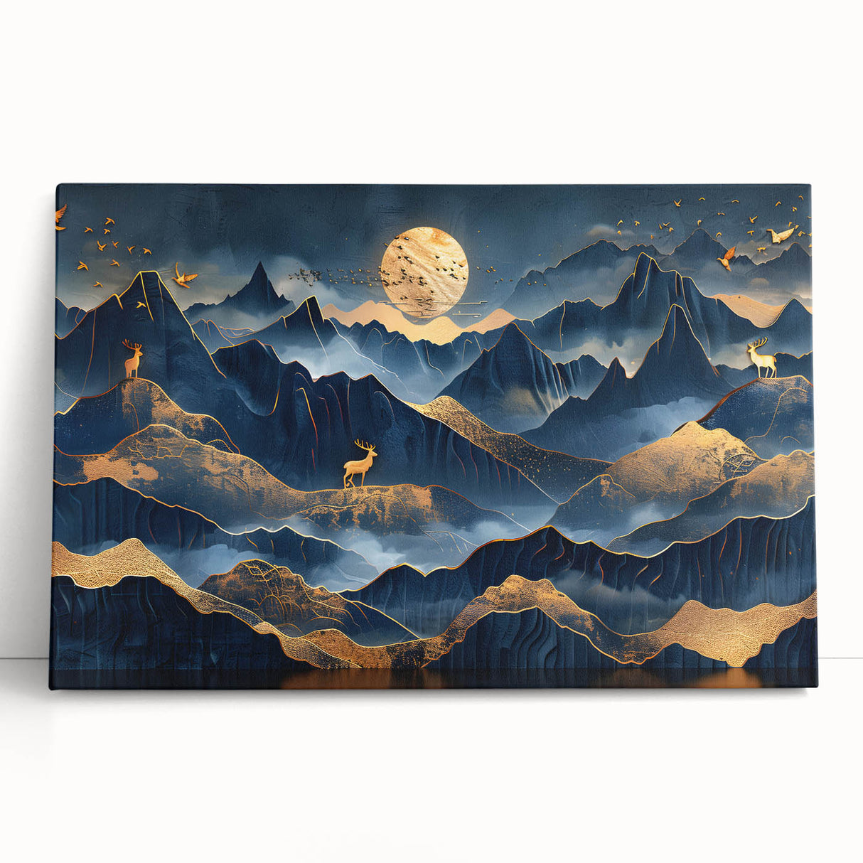 Golden Moonlit Mountains with Wildlife – Luxurious Celestial Wall Art