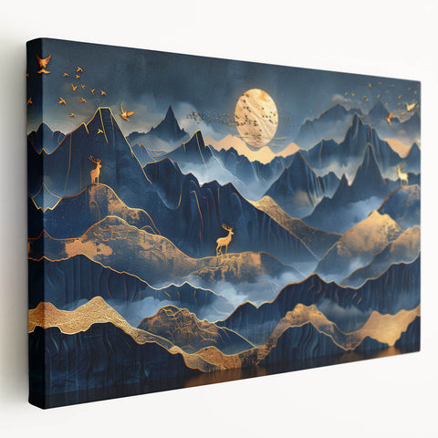 Golden Moonlit Mountains with Wildlife – Luxurious Celestial Wall Art