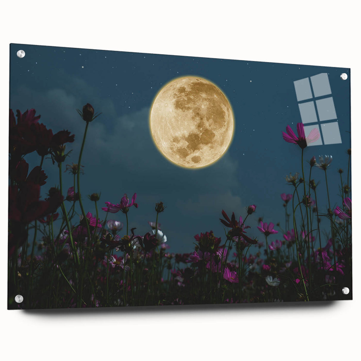 Golden Moon Over Flower Field – Serene Celestial Wall Art for Home