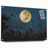 Golden Moon Over Flower Field – Serene Celestial Wall Art for Home