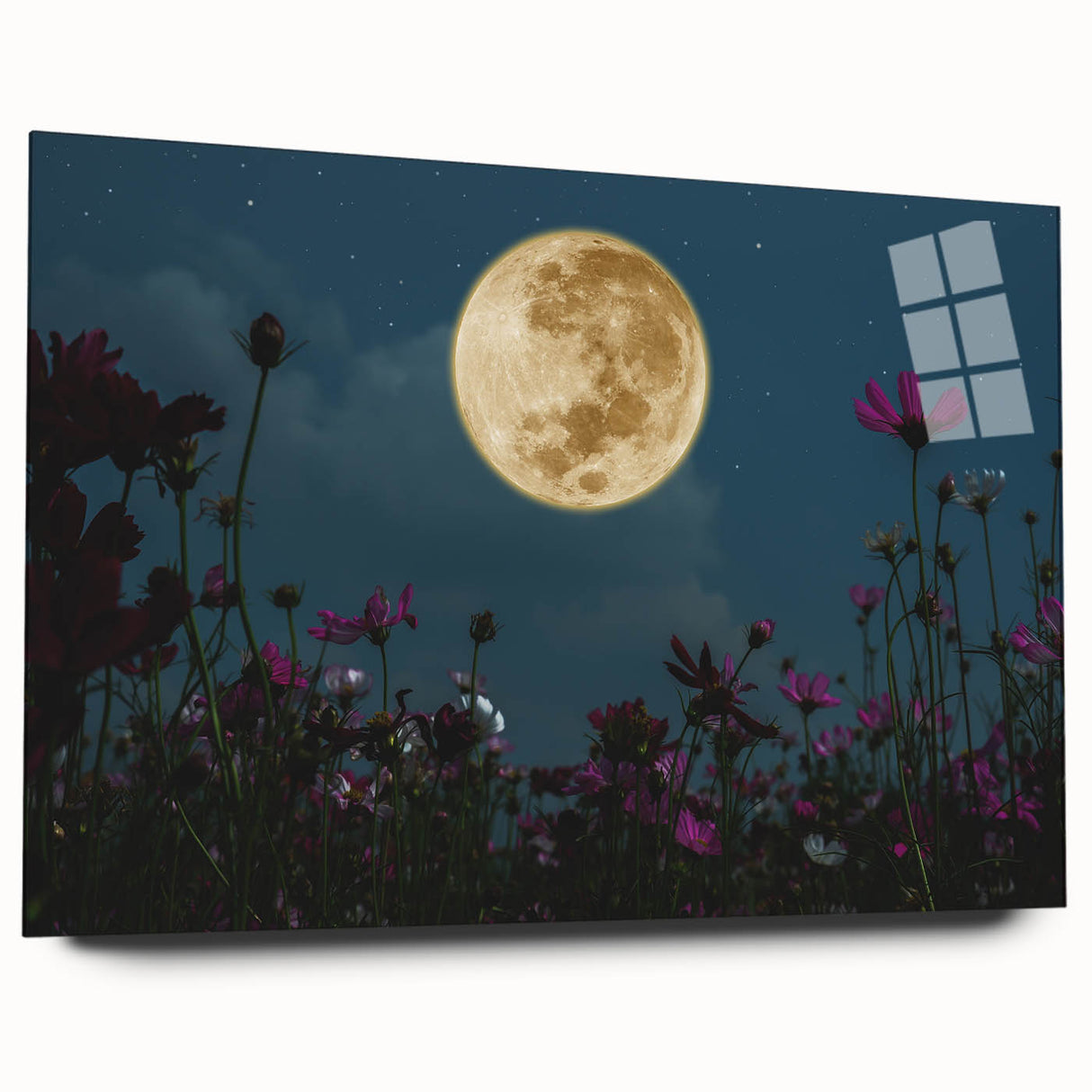 Golden Moon Over Flower Field – Serene Celestial Wall Art for Home