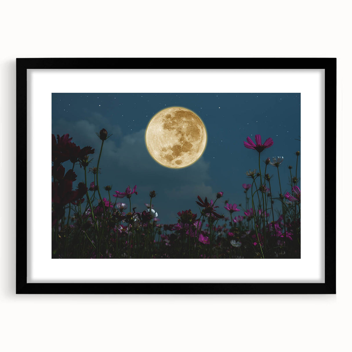 Golden Moon Over Flower Field – Serene Celestial Wall Art for Home