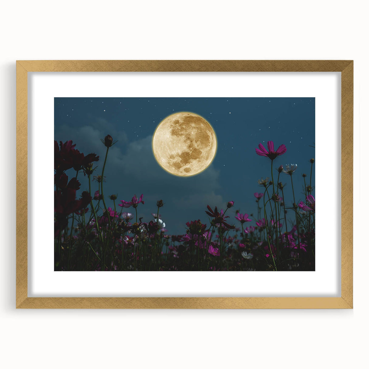 Golden Moon Over Flower Field – Serene Celestial Wall Art for Home
