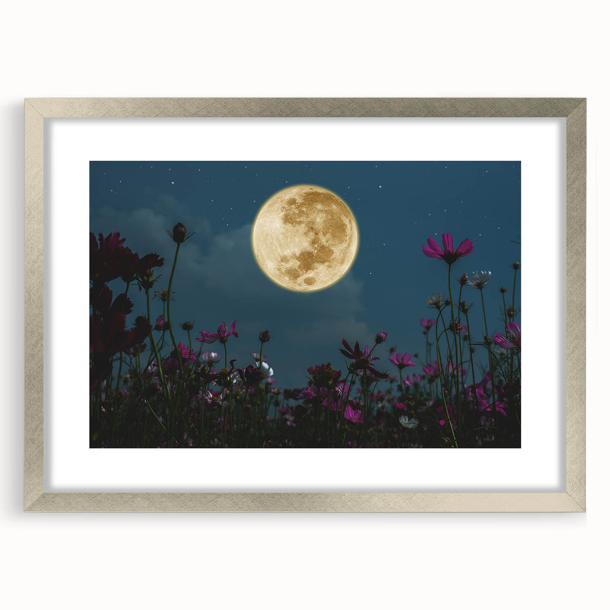 Golden Moon Over Flower Field – Serene Celestial Wall Art for Home