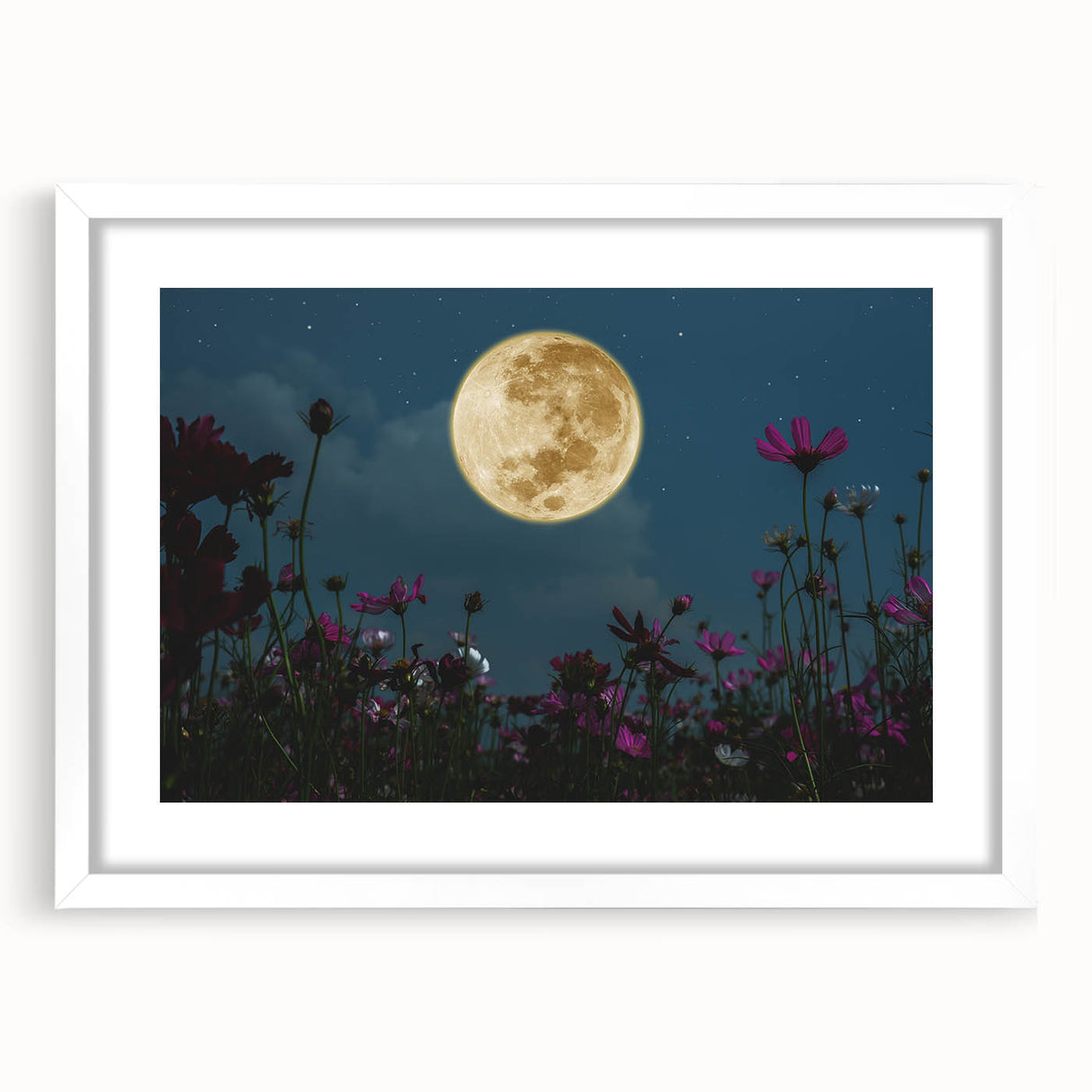 Golden Moon Over Flower Field – Serene Celestial Wall Art for Home